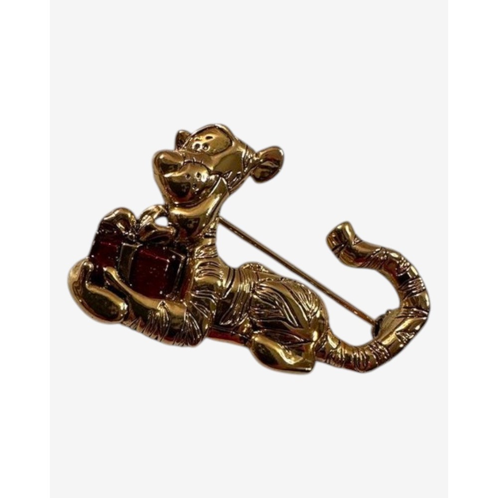 Disney Tigger Gold Tone Red Present Christmas Brooch Pin